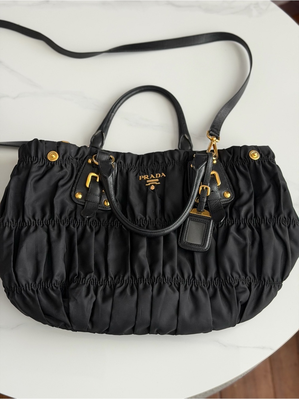 Prada Black Tessuto Nylon Top Handle Bag with Gold Accents
